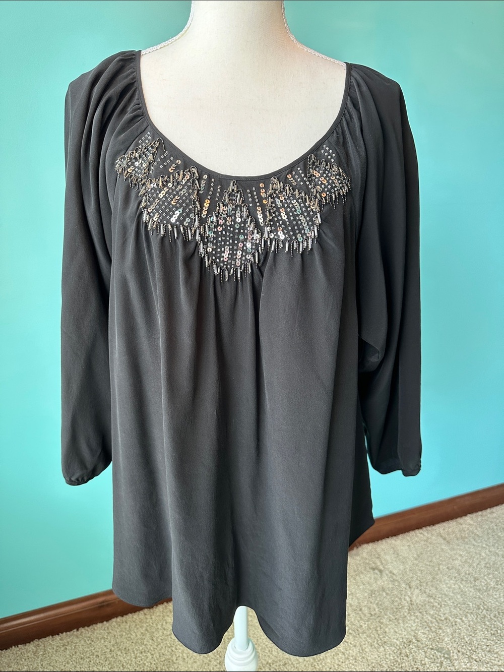 Rebecca Taylor Black Scoop Neck Beaded Tunice